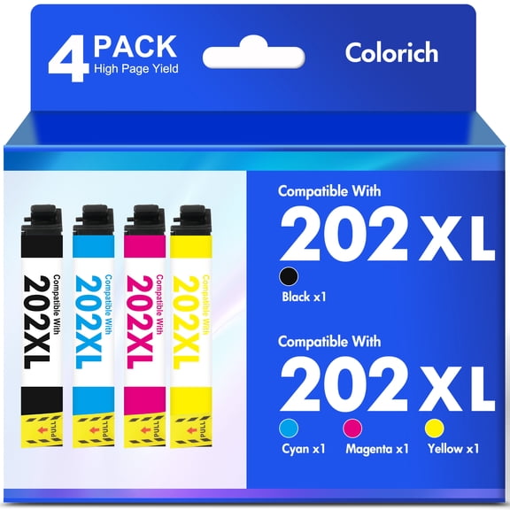 Compatible for 202XL Ink Cartridges 4 Pack T202XL T202 Printer Ink Combo Pack WorkForce WF-2860 Expression Home XP-5100 (1 Black, 1 Cyan, 1 Magenta, 1 Yellow)