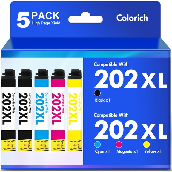 Compatible for 202XL Ink Cartridges 5 Pack T202XL T202 Printer Ink Combo Pack WorkForce WF-2860 Expression Home XP-5100 (2 Black, 1 Cyan, 1 Magenta, 1 Yellow)