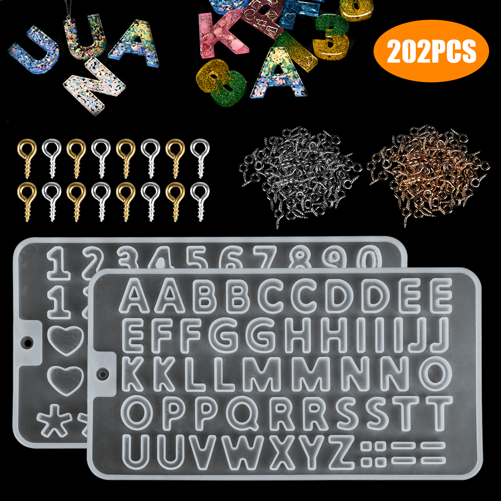 202pcs DIY Resin Molds Kit, TSV Resin Silicone Casting Mold Number Alphabet  Epoxy Resin Craft Mold, 3D Reversed Letter Jewelry Making Mold for