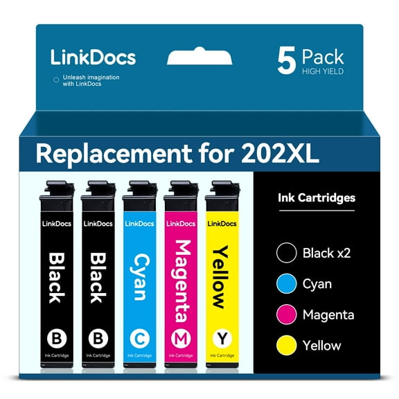 LinkDocs Ink with Latest Chips Replacement for Epson 202, 202XL T202XL Expression Home XP-5100 Workforce WF-2860 Printer (5 Pack,Black,Cyan,Magenta, Yellow)
