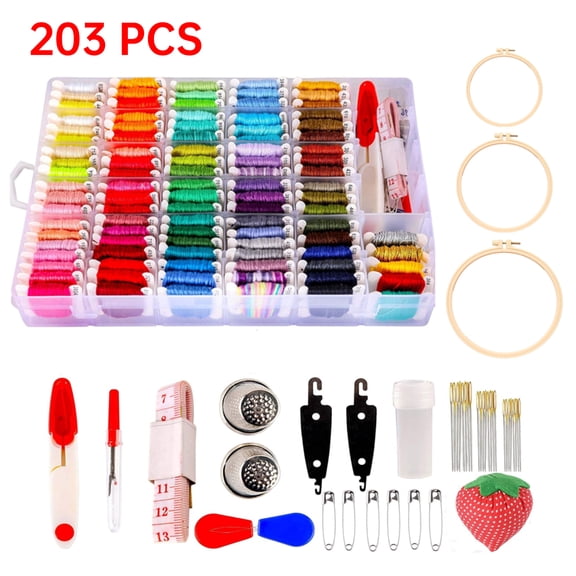 203-Pack Embroidery Kit: 100 Colors Pre-Wound Floss Thread with Storage Case - Includes 3 Adjustable Embroidery Hoop(4.7"/3.7"/3") & Tools for Cross Stitch DIY