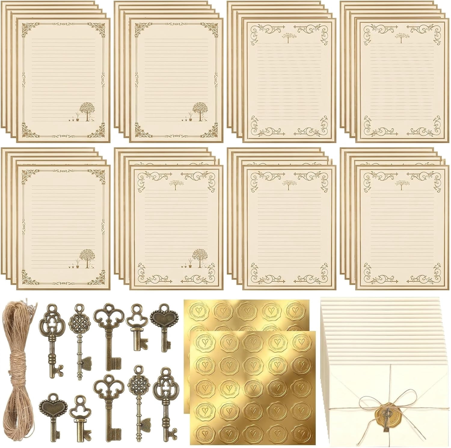 203 Pcs Vintage Stationary Paper and Envelopes Set 100 Lined Writing Letter Kit with Retro Accessories Pendant Sticker Rope for Printing Invitation(Gold Border Style)