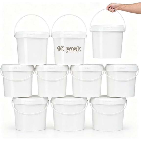 203 fl oz / 1.6 gal White Grade Plastic Buckets with & Handles, Airtight Freezer Safe Small Storage Containers, Easy-Open Pails for Snacks, Sauce, Salad, Soup, Candy (10 Pack)