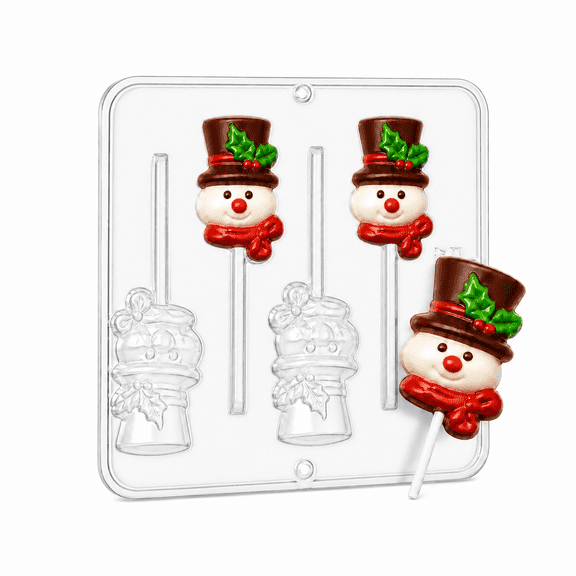 Candy Molds N More 4 - Cavity Christmas Snowman Lollipop Plastic Chocolate Candy Mold (2039)