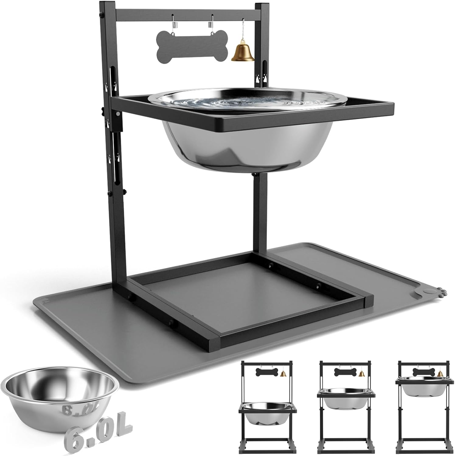 203oz Elevated Dog Water Bowl for Large Dogs with Mat, Adjustable Height 10-17.8in, Tall Raised Dog Water Stand