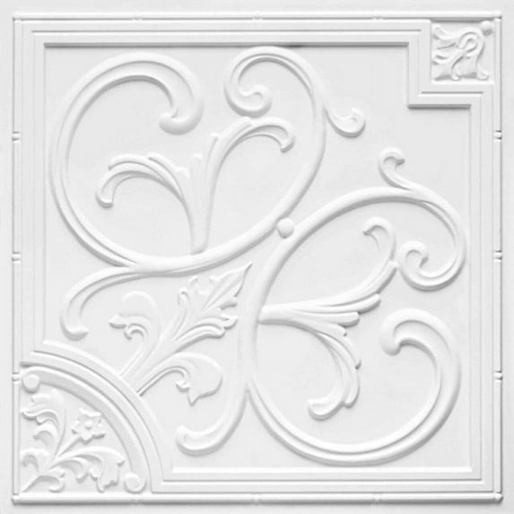 204-Lilies And Swirls 2 ft. x 2 ft. PVC Glue-up or Lay in Ceiling Tile in White Matte (100 Sq.ft / Pack) - 25 Pieces