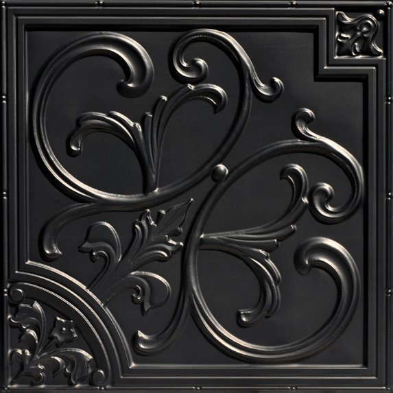 204-Lilies and Swirls 2 ft. x 2 ft. PVC Glue-up or Lay in Ceiling Tile in Black (4 sq.ft) - 1 Piece
