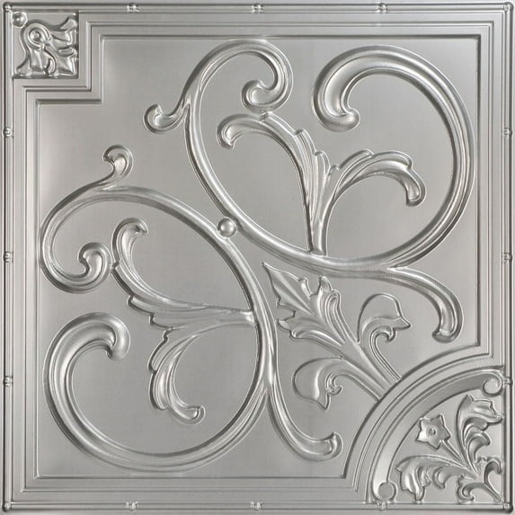 204-Lilies and Swirls 2 ft. x 2 ft. PVC Glue-up or Lay in Ceiling Tile in Silver (100 Sq.ft / Pack) - 25 Pieces