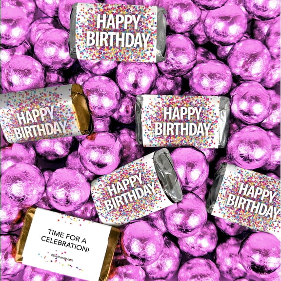 204 Pcs Happy Birthday Candy Confetti Assorted Wrapped Chocolate Miniatures and Milk Chocolate Pink Foil Ball Mix (3.24lb)