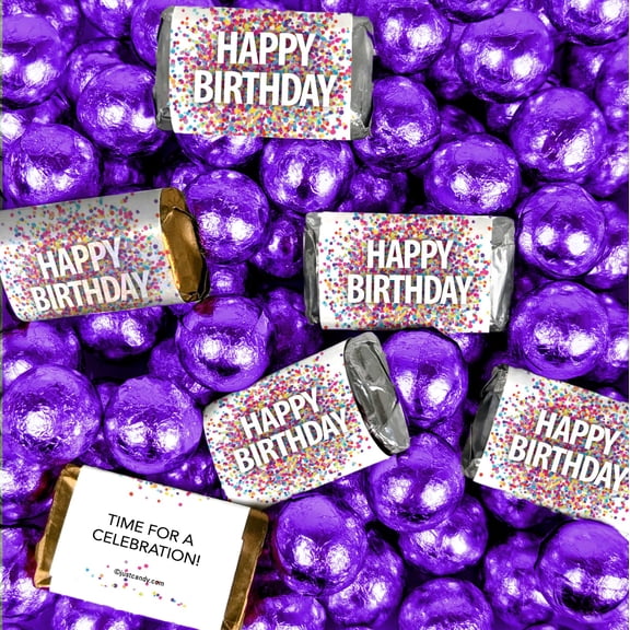 204 Pcs Happy Birthday Candy Confetti Assorted Wrapped Chocolate Miniatures and Milk Chocolate Purple Foil Ball Mix (3.24lb)