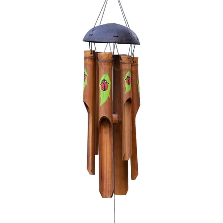 204 Simple Bamboo Wind Chime, Small, Hand Painted Red Lady Bug