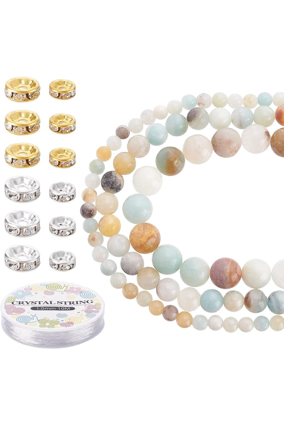 204Pcs 3 Strands Natural Amazonite Beads Kit Natural Colorful Flower Amazonite Gemstone with Rhinestone Spacer Bead and Elastic Thread for Bracelets Necklaces Jewelry Making for DIY