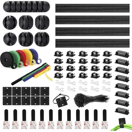 204Pcs Cable Management Kit, Cable Sleeve Split Self Adhesive Cable Clips, Adhesive Cable Ties Nylon Fastening Zip Ties, Cord Organizer Set for Desk Home Office TV Car Desktop Wire Arrangement