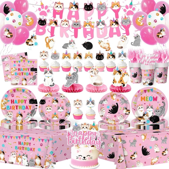 204Pcs Cat Birthday Decorations - Cat Birthday Party Supplies Include Plates,Napkins,Banner,Tablecloth,Hanging Swirls,Cake Toppers Pink Themed Decoration for Boys Girls Party Serves 24 VT4