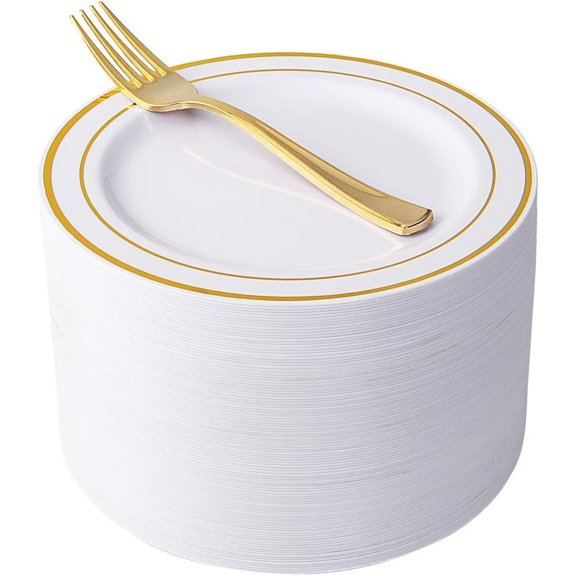 204Pcs Gold Dessert Plates with Forks, Plastic Plates for 102Guests