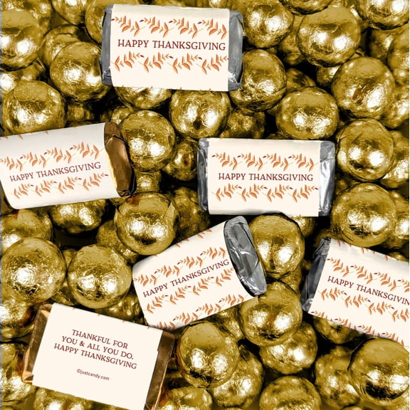 140 ct Happy Thanksgiving Assorted Miniatures and Milk Chocolate Gold Foil Ball Mix - Autumn