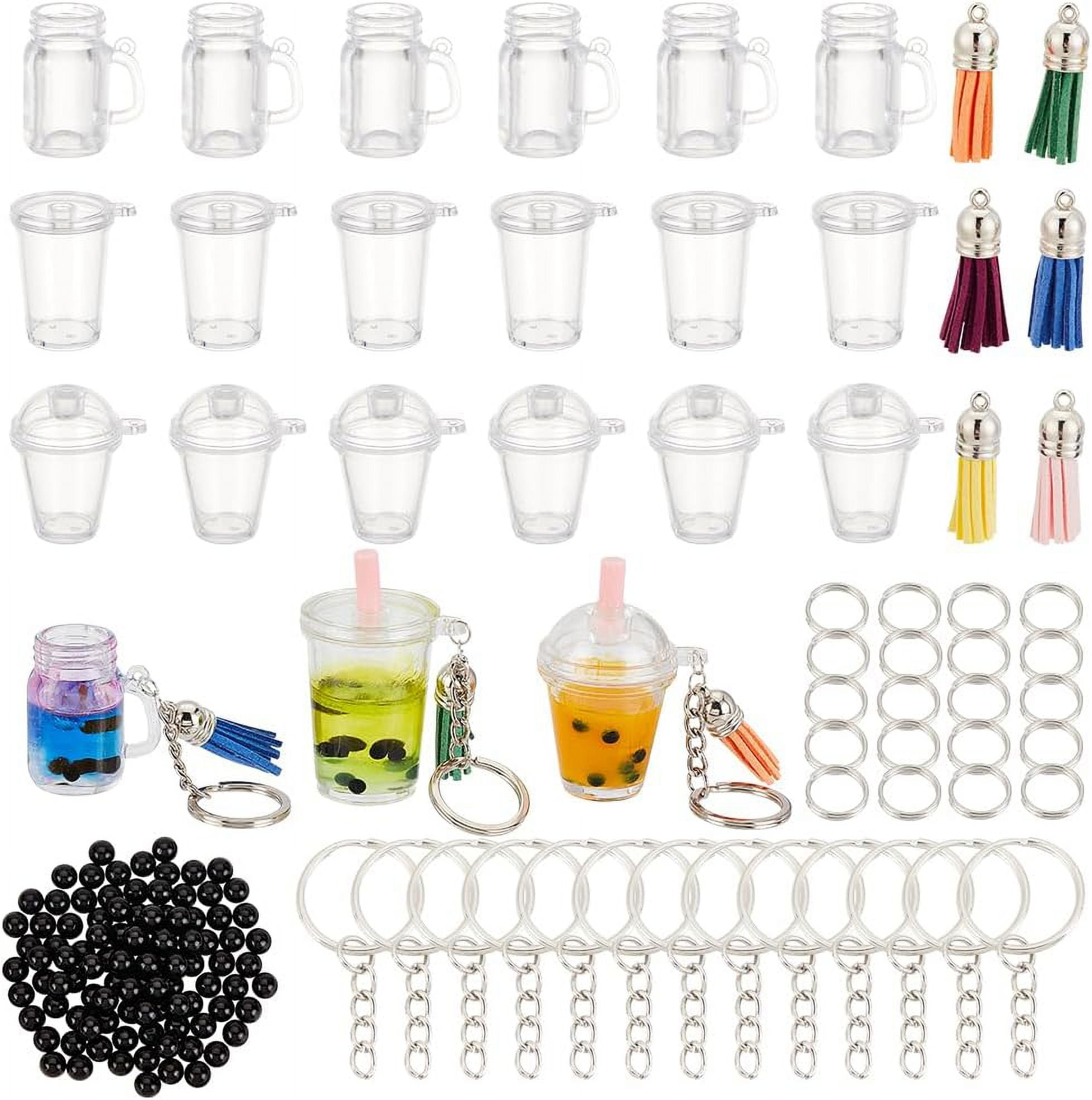 204pcs Mini Cup Keychain Kit Tea Accessories Set Pendant Charms with Rings Tassels Straws for DIY Earring Making Silver