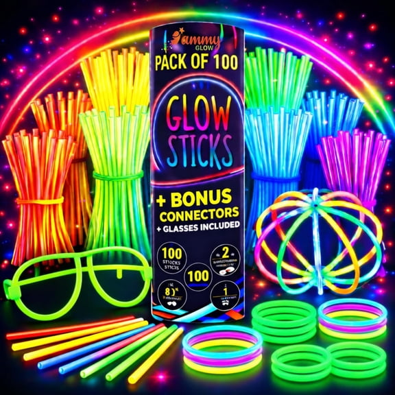 (205 Pcs Kit) Bulk Party Pack-100 Pack Glow Sticks with Connectors & Glasses- Party Favors for Kids 8-12- Neon Glow in The Dark Party Supplies for Birthdays & Events