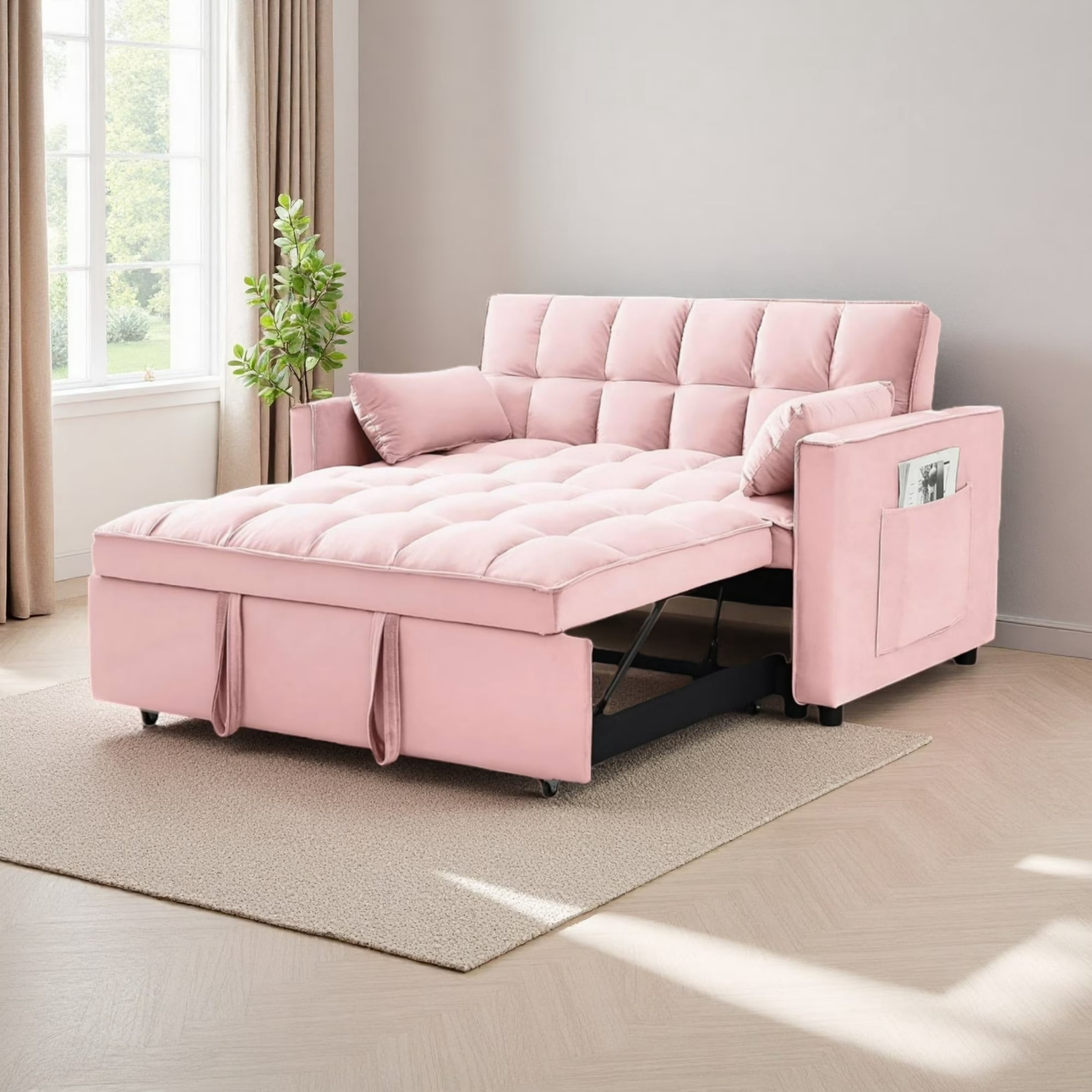 Vinform 55" 3 in 1 Convertible Sleeper Sofa Bed, Pull Out Loveseat Couch with Storage Pocket, Pink