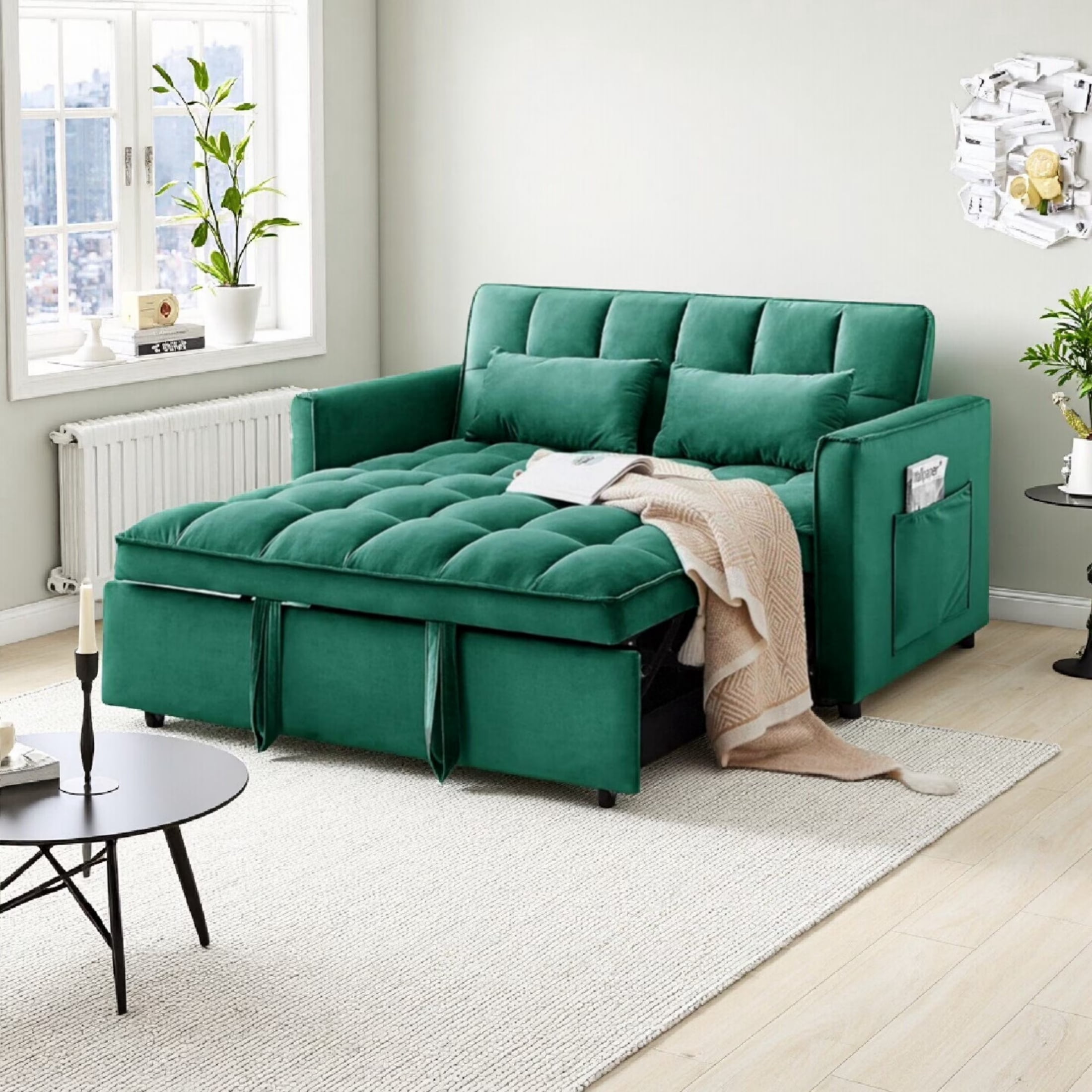 Vinform 55" 3 in 1 Convertible Sleeper Sofa Bed, Pull Out Loveseat Couch with Storage Pocket, Green