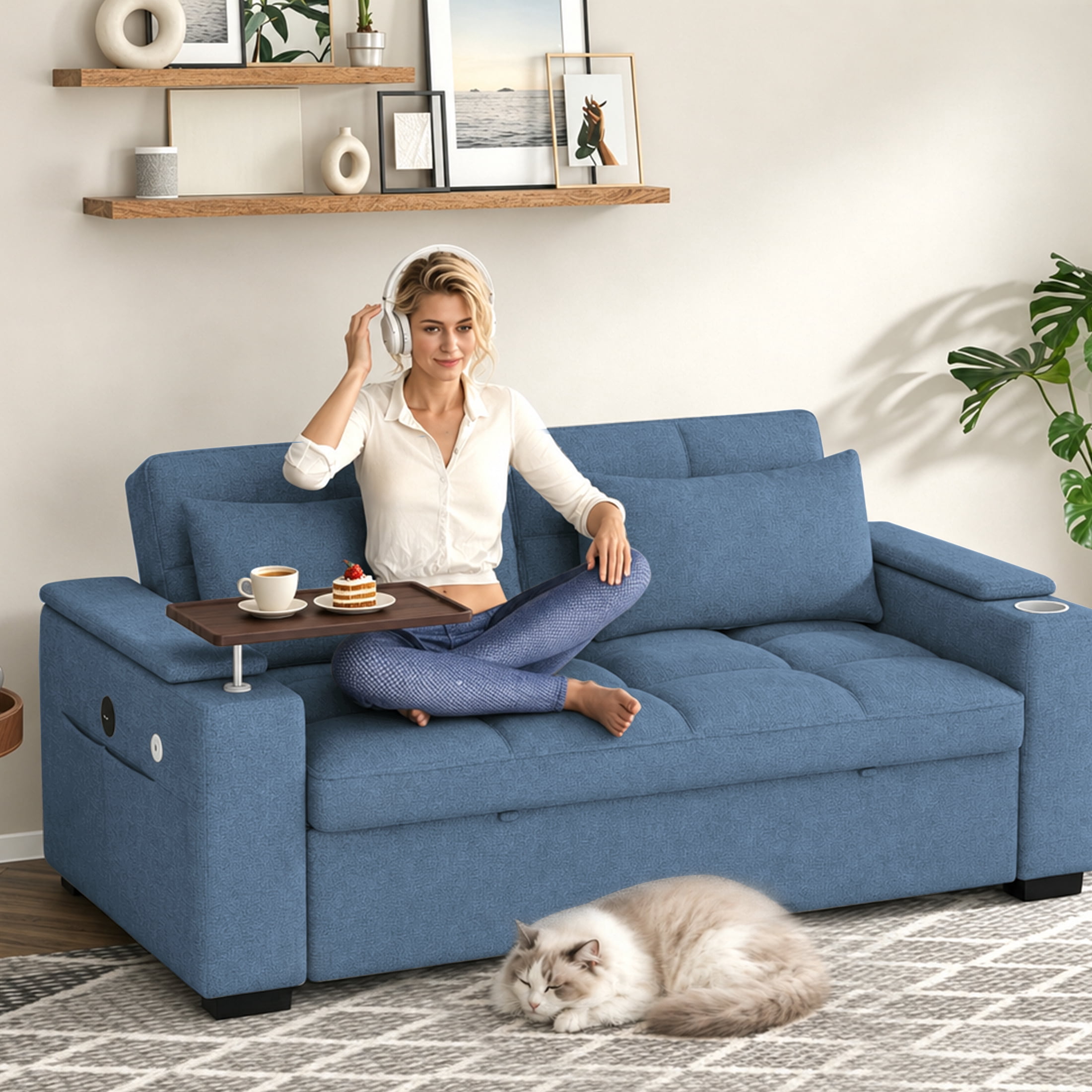 Avobird 3 in 1 Convertible Sleeper Futon Sofa Bed, 55" Pull Out Sofa Bed with Storage Pocket/Side Pocket/2 Pillows for Living Room, Blue