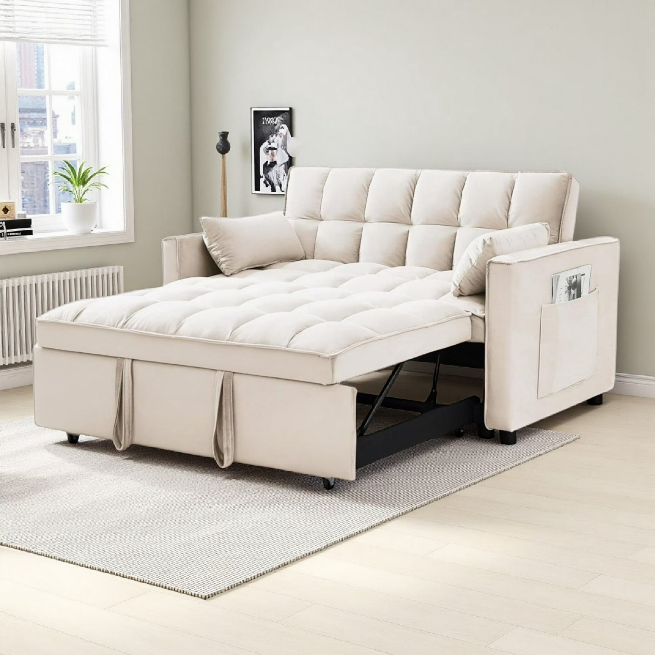 Vinform 55" 3 in 1 Convertible Sleeper Sofa Bed, Pull Out Loveseat Couch with Storage Pocket, Beige