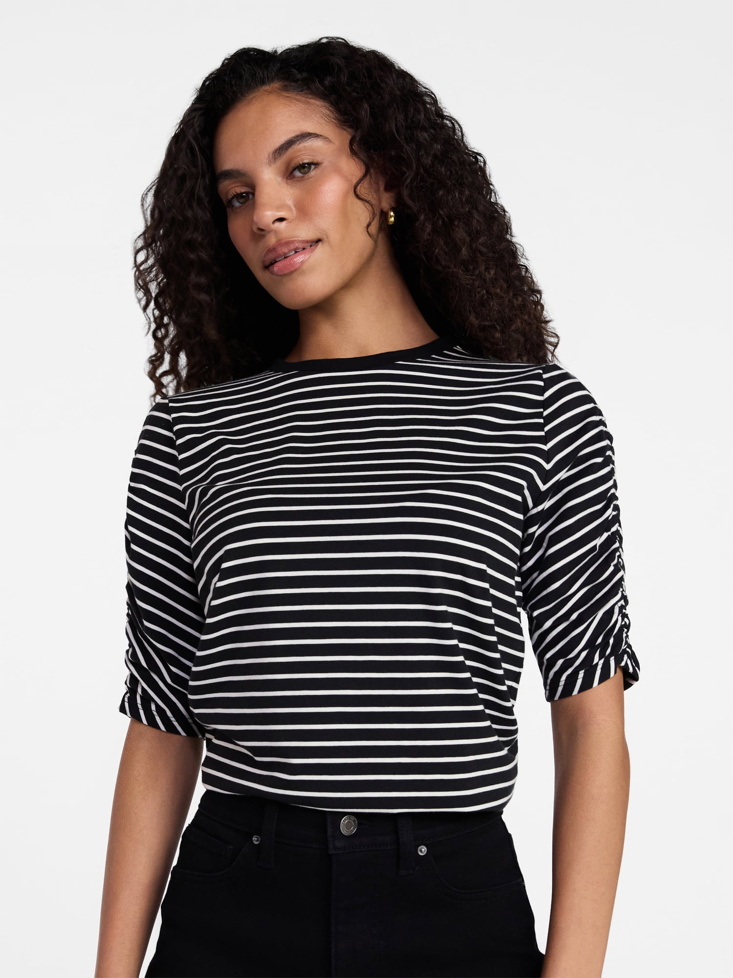 Time and Tru Women's Ruched Elbow Sleeve Tee, Sizes XS-XXXL