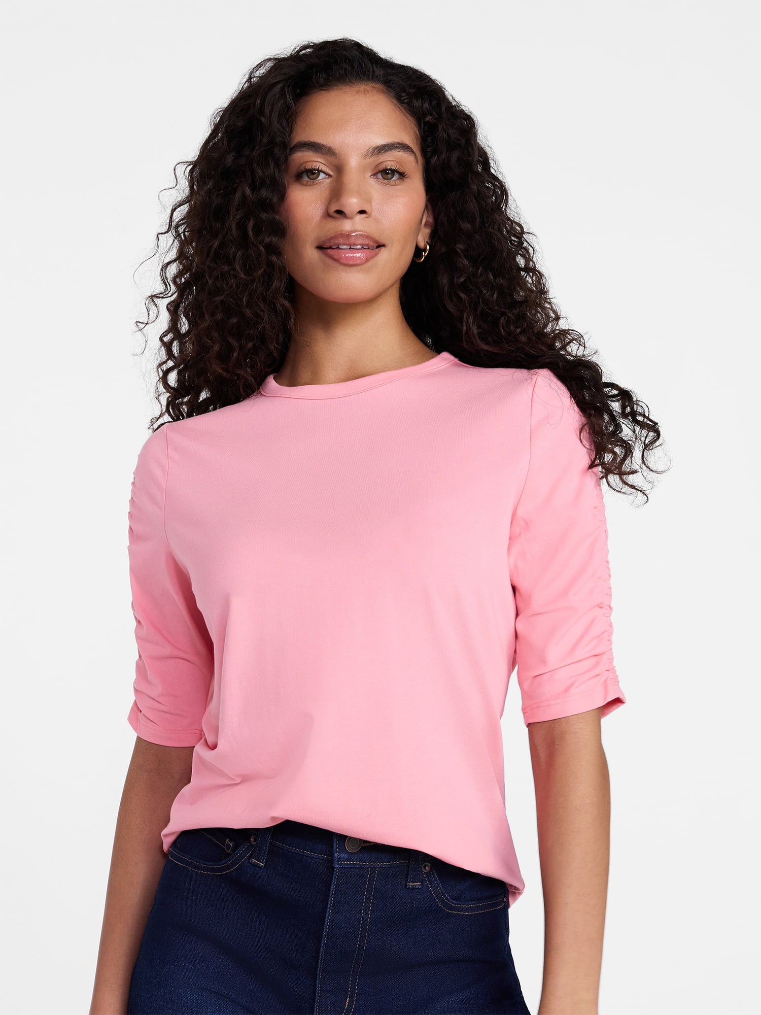 Time and Tru Women's Ruched Elbow Sleeve Tee, Sizes XS-XXXL