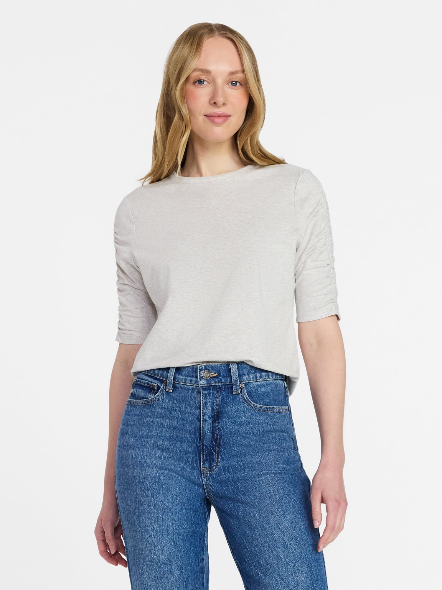 Time and Tru Women's Ruched Elbow Sleeve Tee, Sizes XS-XXXL