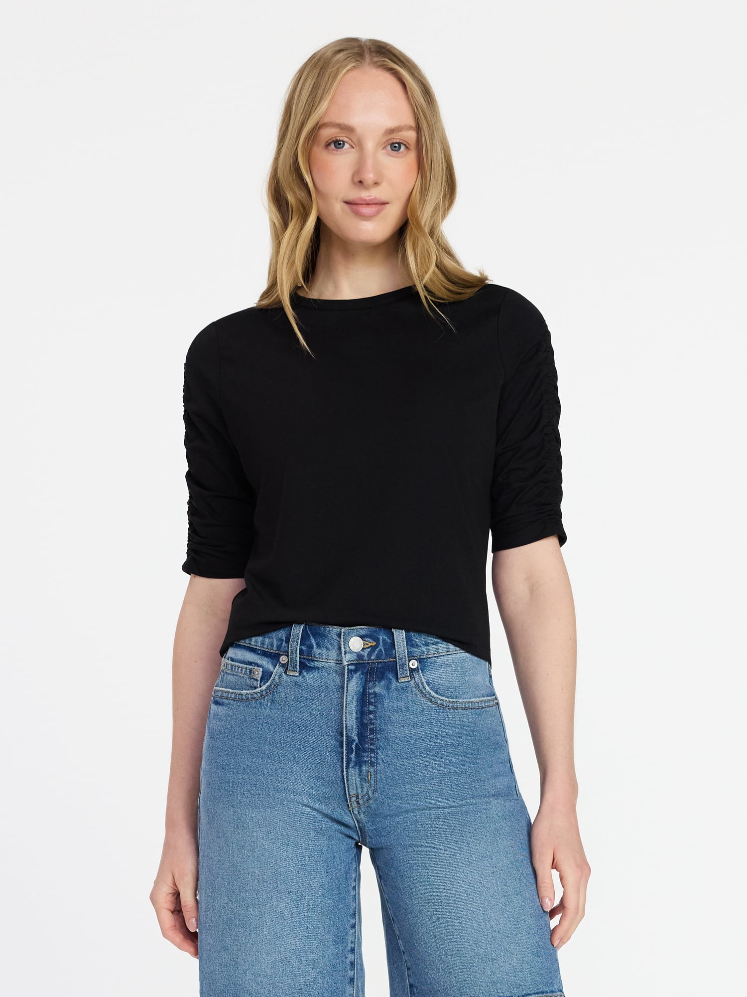 Time and Tru Women's Ruched Elbow Sleeve Tee, Sizes XS-XXXL