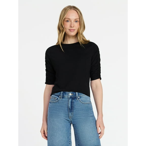 Time and Tru Women's Ruched Elbow Sleeve Tee, Sizes XS-XXXL