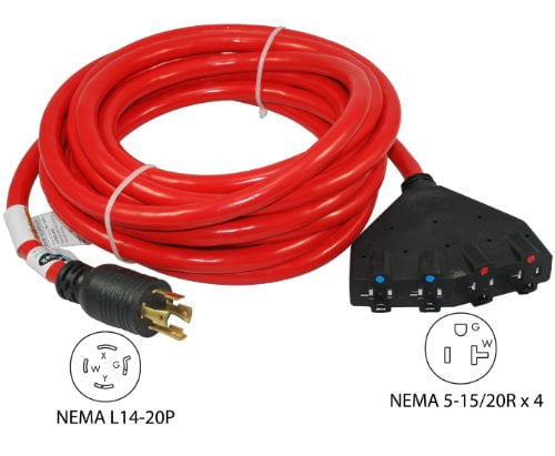 20501 Generator Power Cord 25-Foot 20 Amp 125/250 Volt 4 Prong Male Plug To 15/20 Amp Female Connector