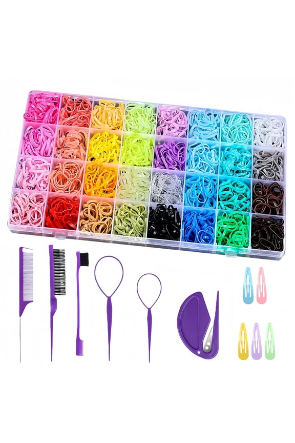 2050Pcs Elastic Hair Ties Set, 32 Colors Rubber Bands with 11 Hair Styling Tools, Hair Accessories with Organizer Box, Hair Accessories Gifts for Girl, Woman