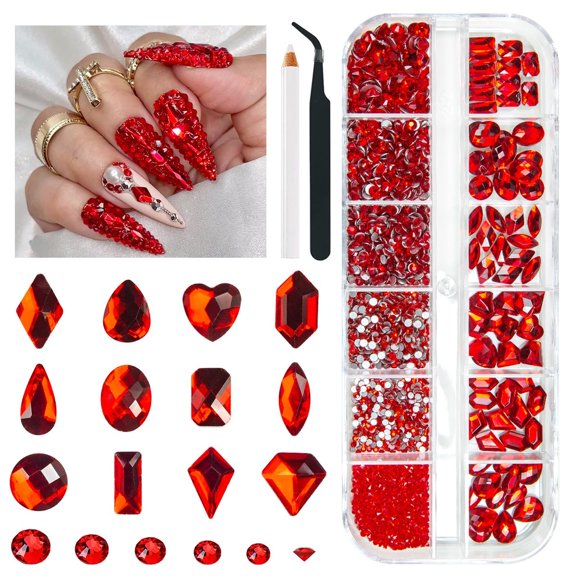 2052Pcs Red Nail Art Rhinestones Multi Shapes Crystal Flatback Rhinestones Gems Siam Red Round Beads K9 Glass Stones Diamonds Jewels Nail Art Supplies Charms for Nails Faces Eyes Makeup Crafts