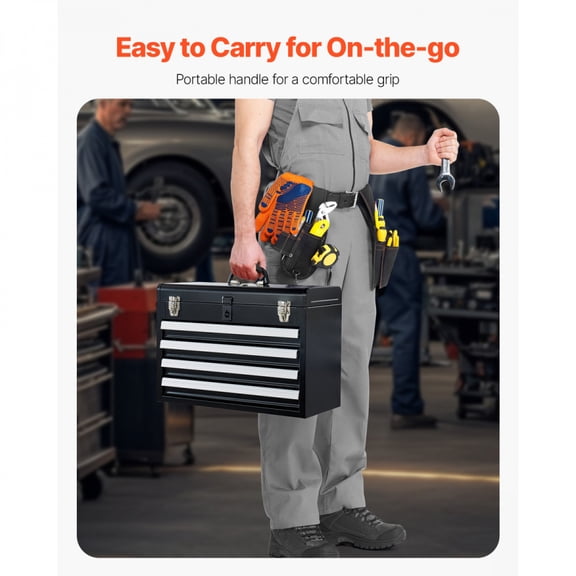 205Inch Black Metal 4 Drawer Tool Box Dual Ball Bearing Tracks Auto Lock Splash Proof Tool Organizer with EVA Padding for Worksite Vehicle