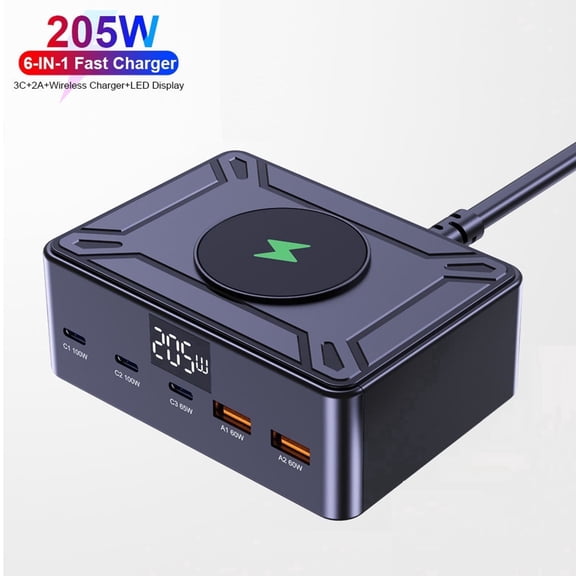 205W Desktop Charging Station: 5 Fast Charging USB Ports + 15W Wireless Pad, Smart LED Display, All-in-One Power Hub Compatible with iPhone, Android, Smartwatch, and More – Organize Your Desk, Black