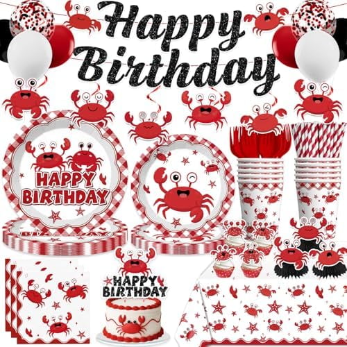 205pcs Crab Boil Party Supplies Complete Tableware Set, for 25 Guests, Seafood Boil Party Supplies, Includes Banner Plates, Napkins, Balloons, Tablecloths, for Crab Birthday Decorations$$