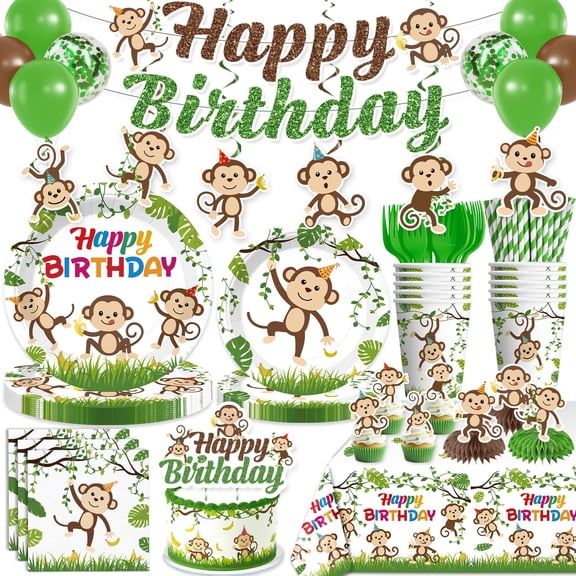 205pcs Monkey Birthday Decorations-Serves 25, All-in-one Monkey Party Decorations with 350gsm Monkey Plate, Monkey Cake Topper, Tablecloth, Centerpiece, Banner, Hanging Swirls, Balloon, Etc Y114