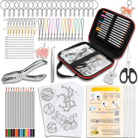 206-Piece Heat Shrink Plastic Sheet Kit with Storage Case, Includes Shrink Film, Color Pencils, Keychains and Earring Hook Accessories for DIY Crafts