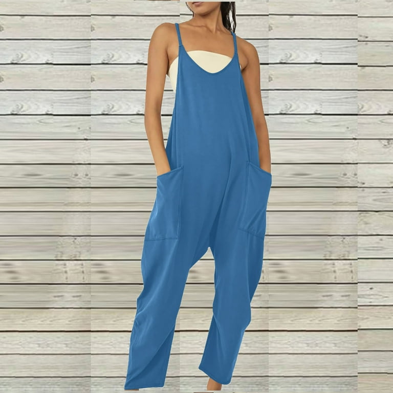 2069 Winter Strapy Wide Leg Jumpsuits for Women Sleeveless Solid Color Rompers Overalls with Big Pockets Winter Loose Lounge Outfits Pants