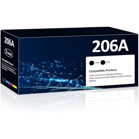 206A Black Toner Cartridges 2 Pack M283fdw M283cdw Toner Compatible for HP 206A 206X Set for HP Color Laser Jet Pro M255dw M255nw MFP M283fdw M283cdw M282nw M283fdn Printer(2 Black)