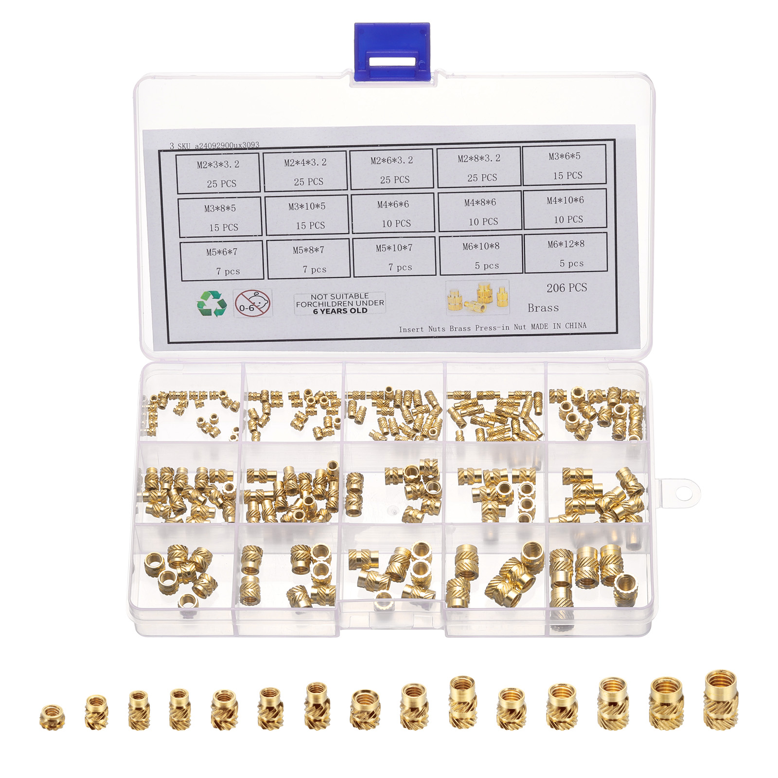 206Pack M2 M3 M4 M5 M6 Metric Threaded Inserts Brass Heat Set Insert ...