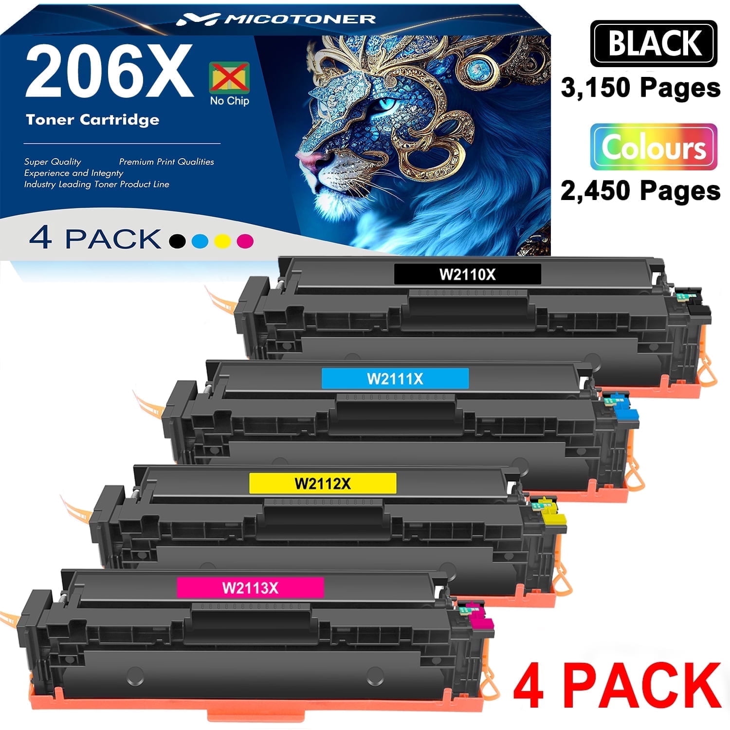 NO Chip! 206X 206A 4-Pack Toner Cartridge Compatible for 206 206X 206A W2110A W2110X Color Laserjet Pro MFP M283fdw M255dw M283cdw M283 M255 Printer Ink (Black Cyan Yellow Magenta)