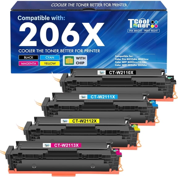 206X 206A Toner Cartridges 4 Pack High Yie M283fdw M255dw Compatible Replacement for 206X 206 M283cdw Color LaserJet Pro MFP M255nw M283 M255 Printer Ink (with Chip) (Black Cyan Yellow Magenta)