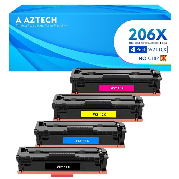 Aztech Compatible for HP 206X 206A Toner Cartridge without chip 4 Pack High Yield Pro M283fdw M255dw MFP M283cdw M282nw M283 M255 Printer Ink (Black Cyan Magenta Yellow)