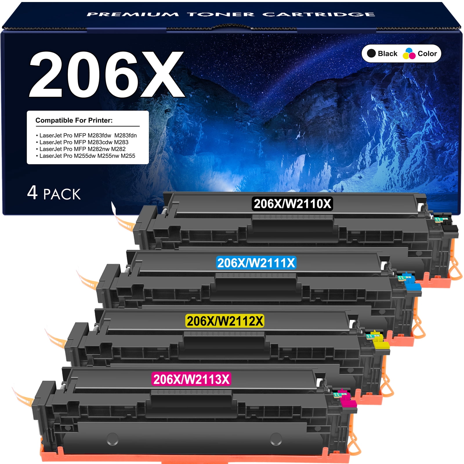 TRUE IMAGE Compatible Toner Cartridge Replacement For HP 206A 206X W2110A W2110X For HP Color Pro M255dw MFP M283fdw M283cdw M283 M255 Printer Toner (Black Cyan Yellow Magenta, 4-Pack