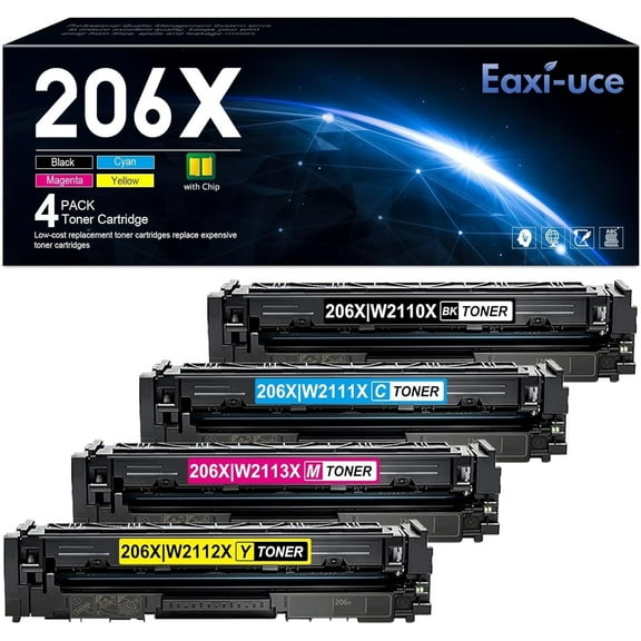 206X Toner Cartridges 4 Pack High Yield (with Chip) Toner Cartridge: Compatible for HP 206X 206A W2110X with Color Pro MFP M283fdw M283cdw M255dw M282nw Printer 206X Set Toner