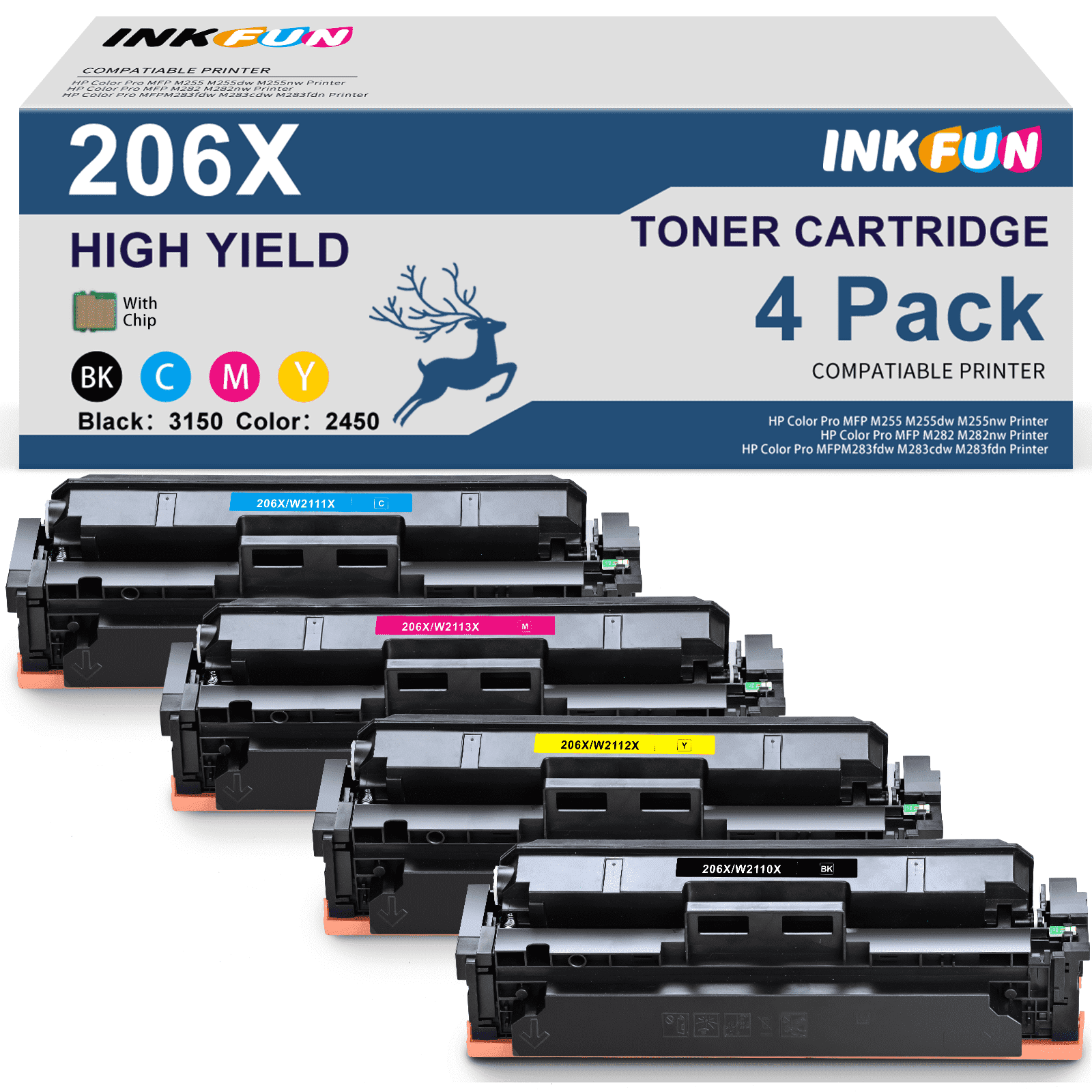 206X Toner Cartridges Compatible for HP 206A for Laserjet Pro MFP M283fdw M283cdw M255dw Printer 4 Pack High Yield