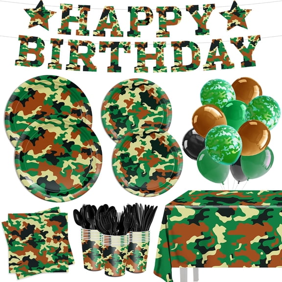 206pcs Camo Party Decorations Paper Plates Napkins Camouflage Set Disposable Cups Forks Knives Spoons with Camo Tablecloth Banner for Boy Camouflage Hunting Military Birthday Party Supplies Y114