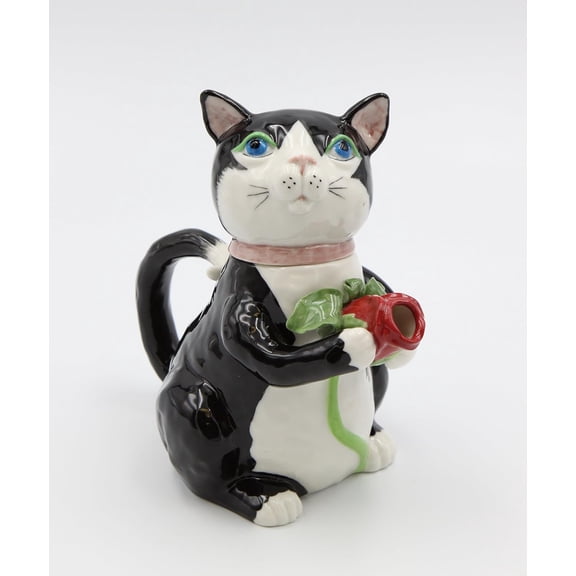 20778 Fine Porcelain Curious Cute Black Cat with Red Rose Teapot,